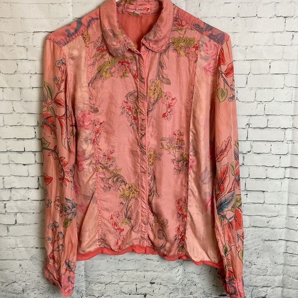 JOHNNY WAS Silk Blouse Snap Closure Ruffle Detail Sz M Bohemian Luxury Floral - Picture 16 of 16